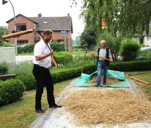 Beim Heimatverein konnten Besucher sich im Dreschen ausprobieren